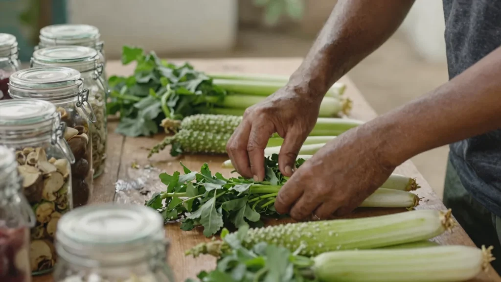 Hands sorting freshly harvested greens and celery on a wooden table