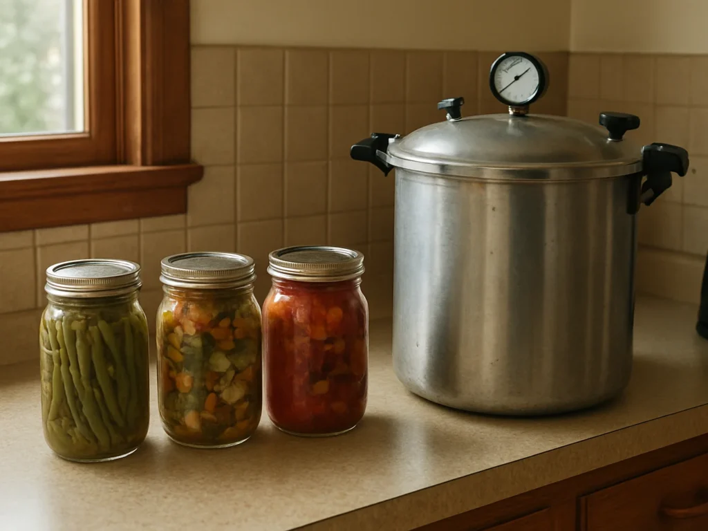 Pressure canner and jars of home-preserved vegetables on a kitchen counter