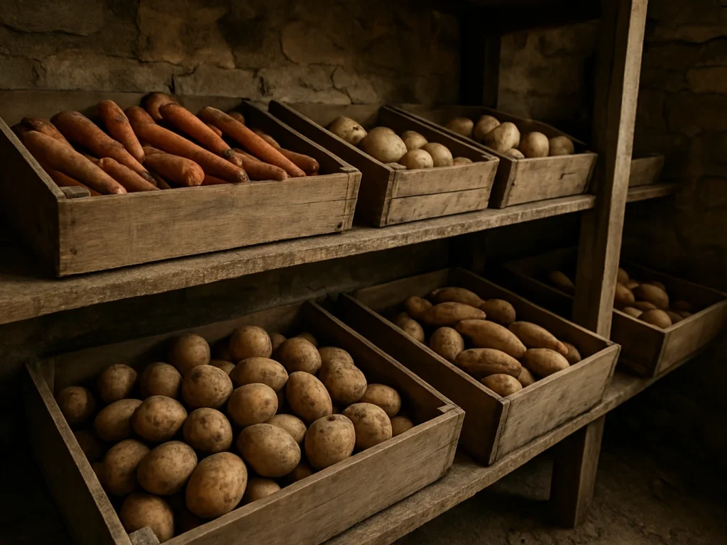 Root cellar shelves with wooden crates of potatoes and carrots