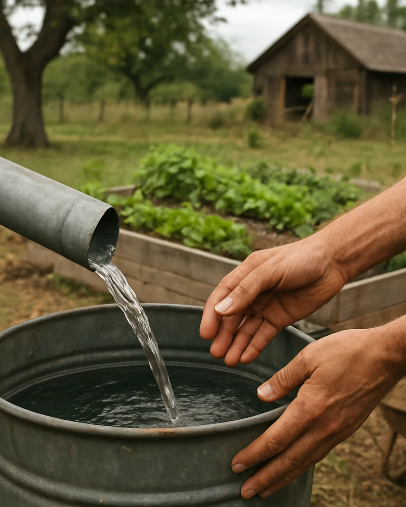 Rainwater pouring from a downspout into a galvanised tub beside a vegetable garden