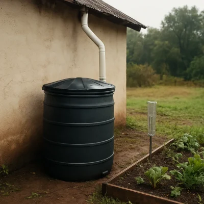 Dark rainwater storage tank fed by a downspout beside a house