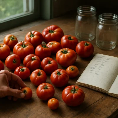 Ripe tomatoes on a wooden table beside empty canning jars and a notebook