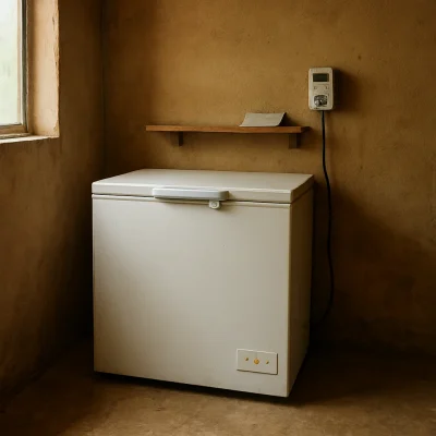 Chest freezer plugged into a wall outlet in a utility room